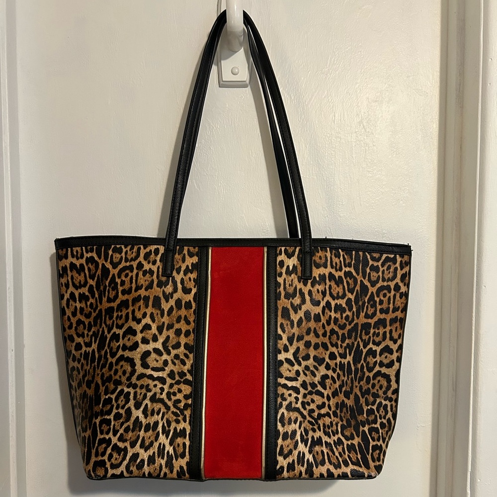 Chico’s Leopard Print Tote Bag with Red Accent